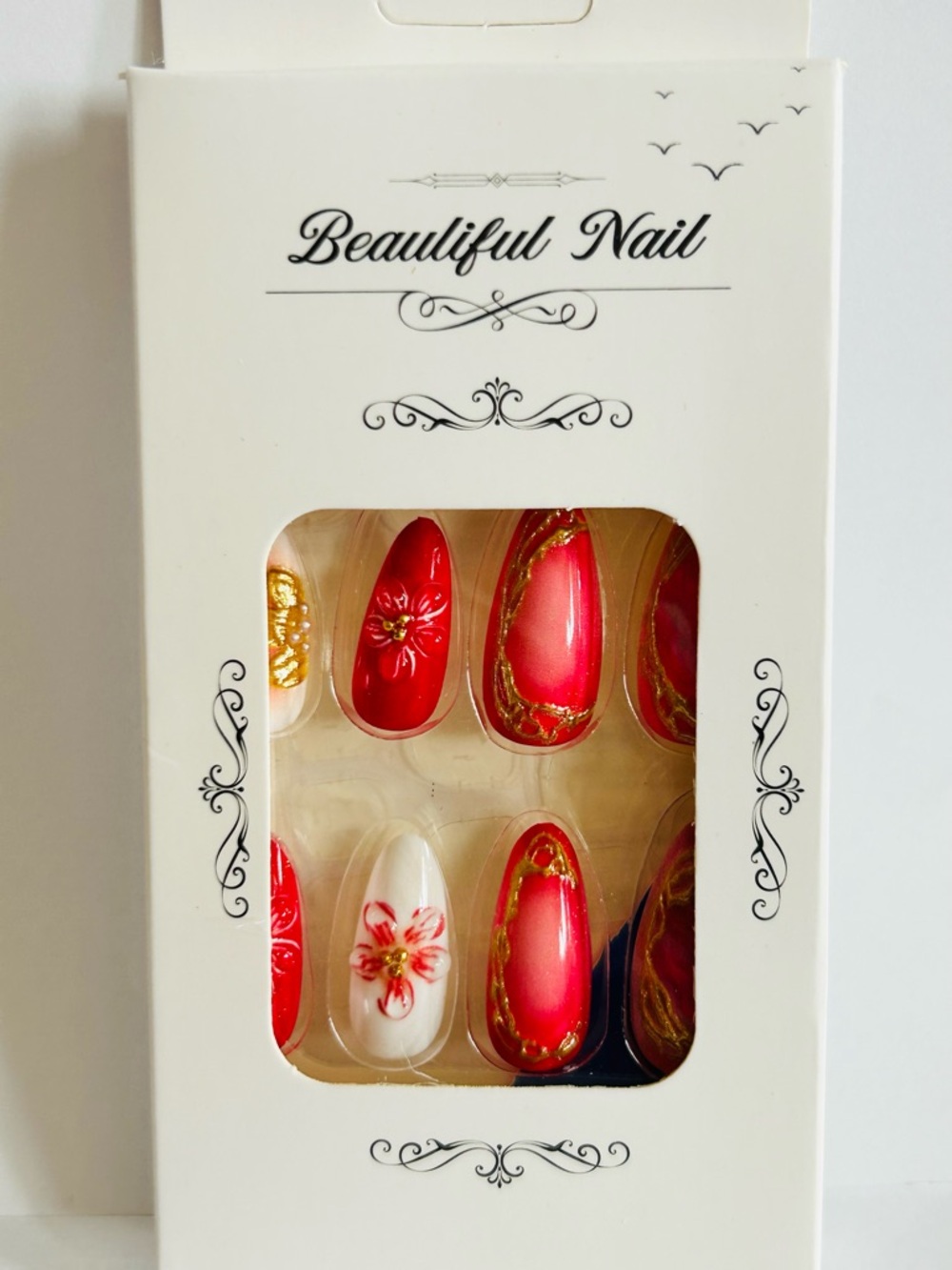Red & White Gold-Accent Floral Press-On Nails